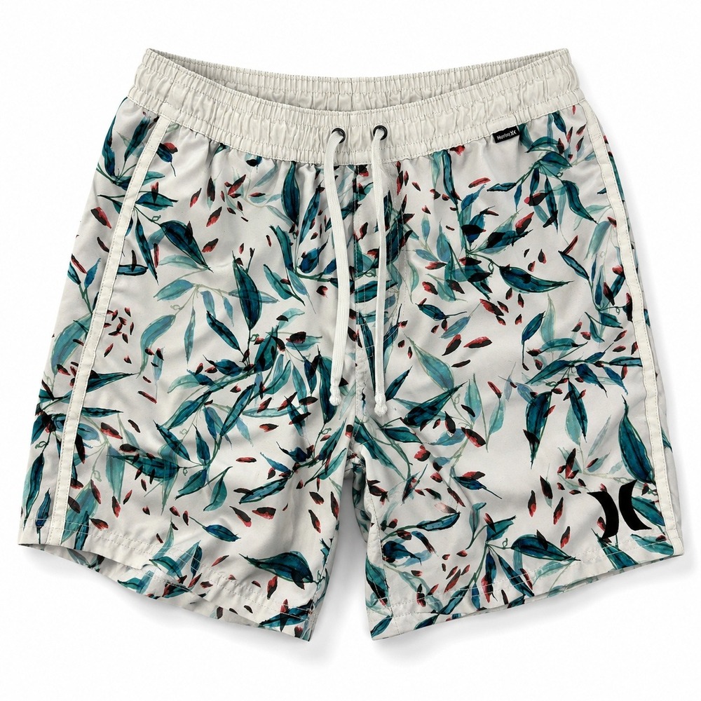 Hurley Mens S Swim Trunks Floral Leaf Print Off White Drawstring Recycled Poly